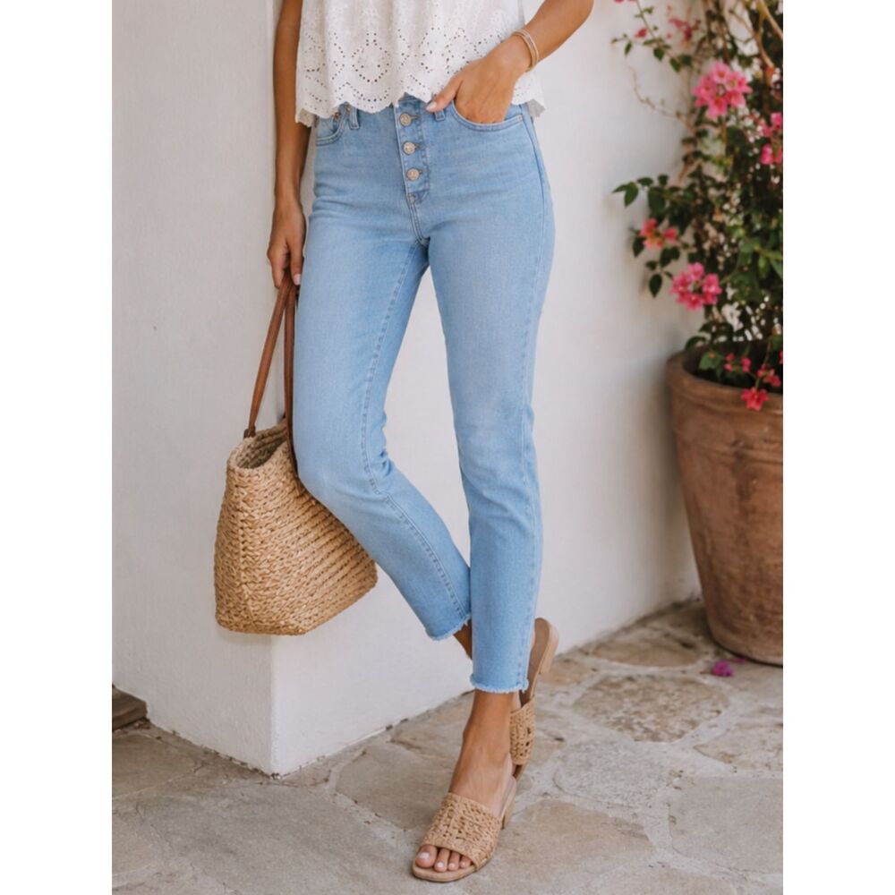 J.Crew Toothpick High Rise Skinny Jeans 25 Light Wash Raw Hem Stretch Crop